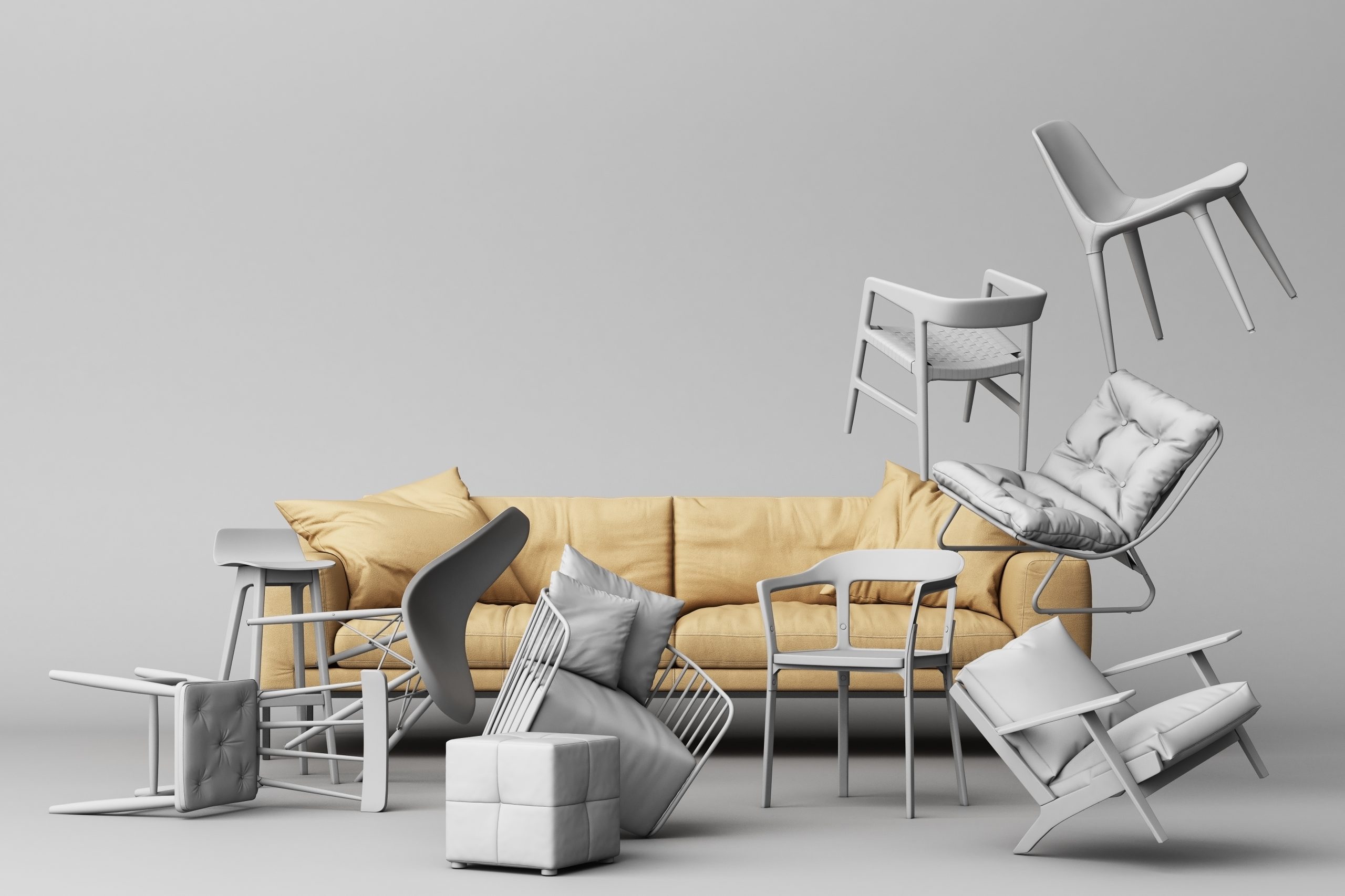 Brown sofa leather surrounding by white chairs in empty white background. Concept of minimalism & installation art. 3d rendering mock up